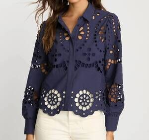 NEW CABALLERO emmie button-down blouse in navy eyelet lace